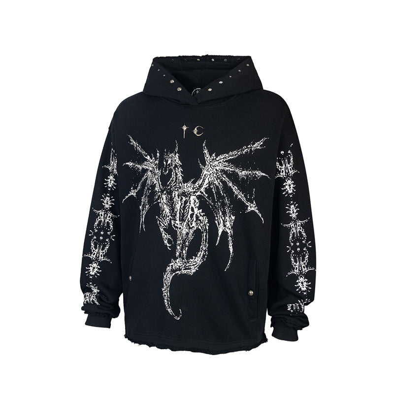 Dragon Bone Print Pullover | Retro Rivet Streetwear Hoodie