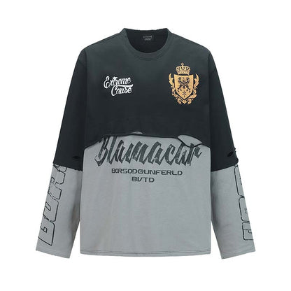 Y2K Grunge Patchwork Top | Distressed Graphic Long Sleeve Shirt - Santo 