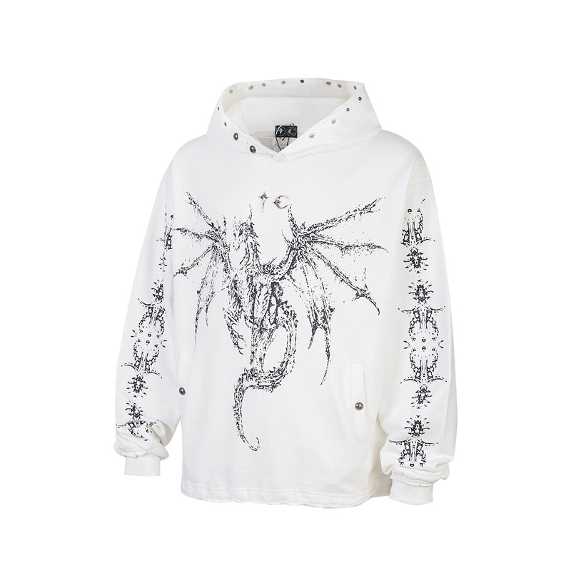 Dragon Bone Print Pullover | Retro Rivet Streetwear Hoodie