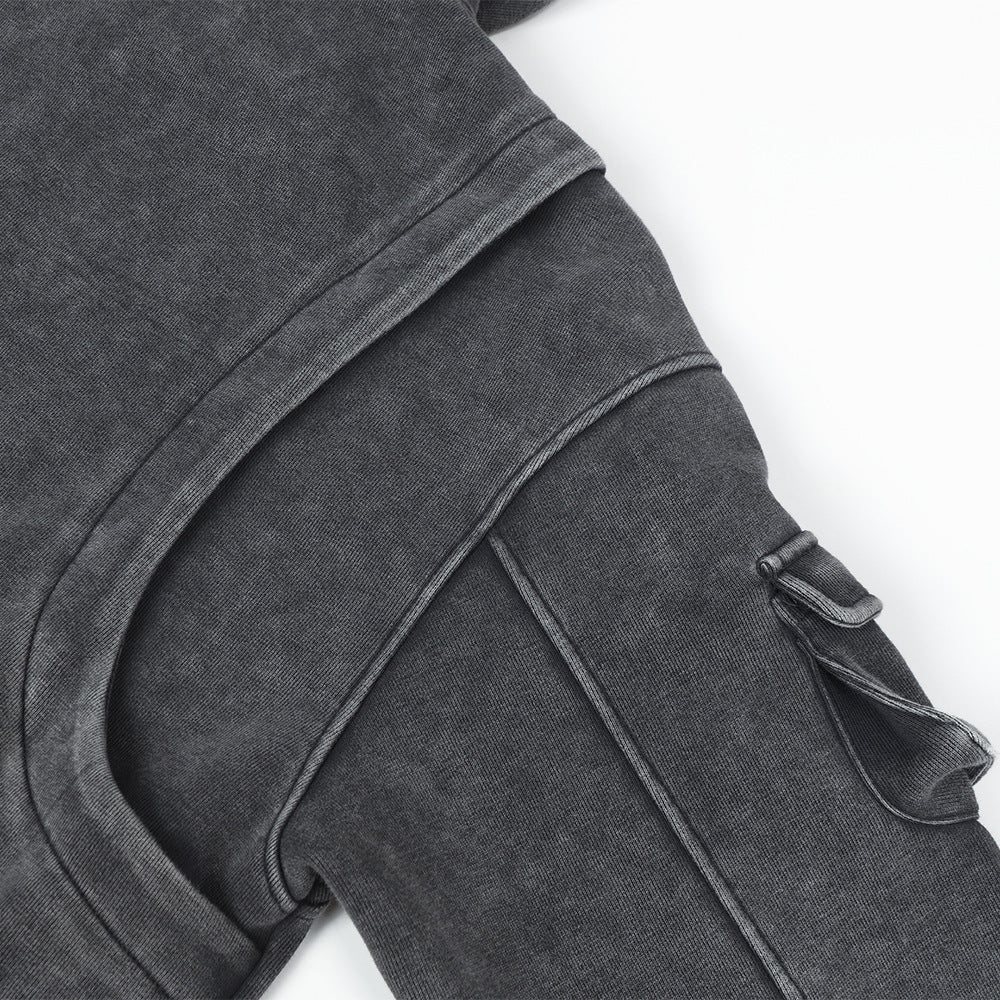 Washed Letter Print Pullover | Utility Pocket Streetwear Hoodie