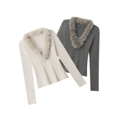 Fuzzy Vibe | Faux Fur Collar Knit Top