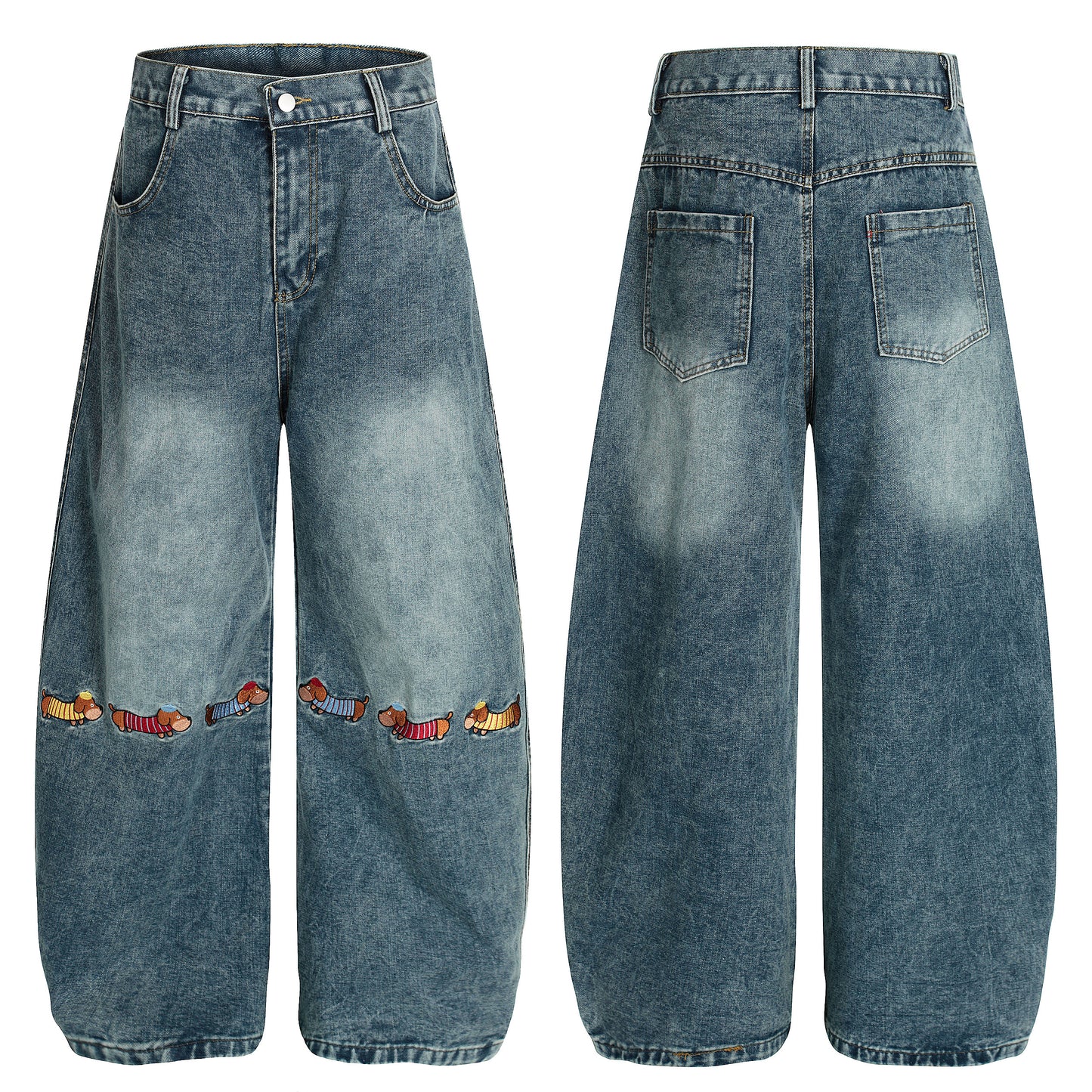 Pup Parade | Playful Dog Embroidered Denim Pants - Santo 