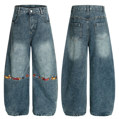 Pup Parade | Playful Dog Embroidered Denim Pants - Santo 