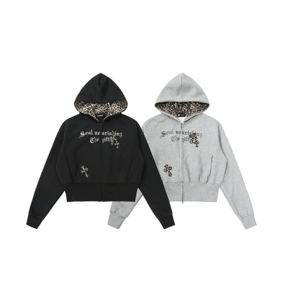 CrossCharm | Gothic Zip Hoodie with Leopard Lining