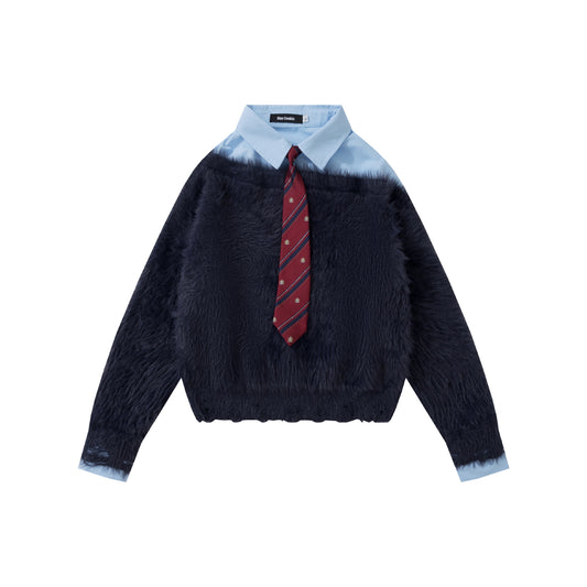 Preppy Fuzz | Mock-Layered Tie Collar Sweater