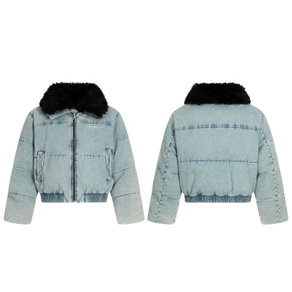 Denim Flare | Faux Fur Collar Bomber Jacket - Santo 