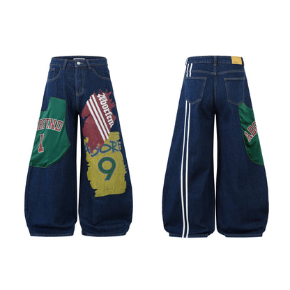 Retro High Street Style Trousers | Wide Leg Baggy Print Jeans - Santo 