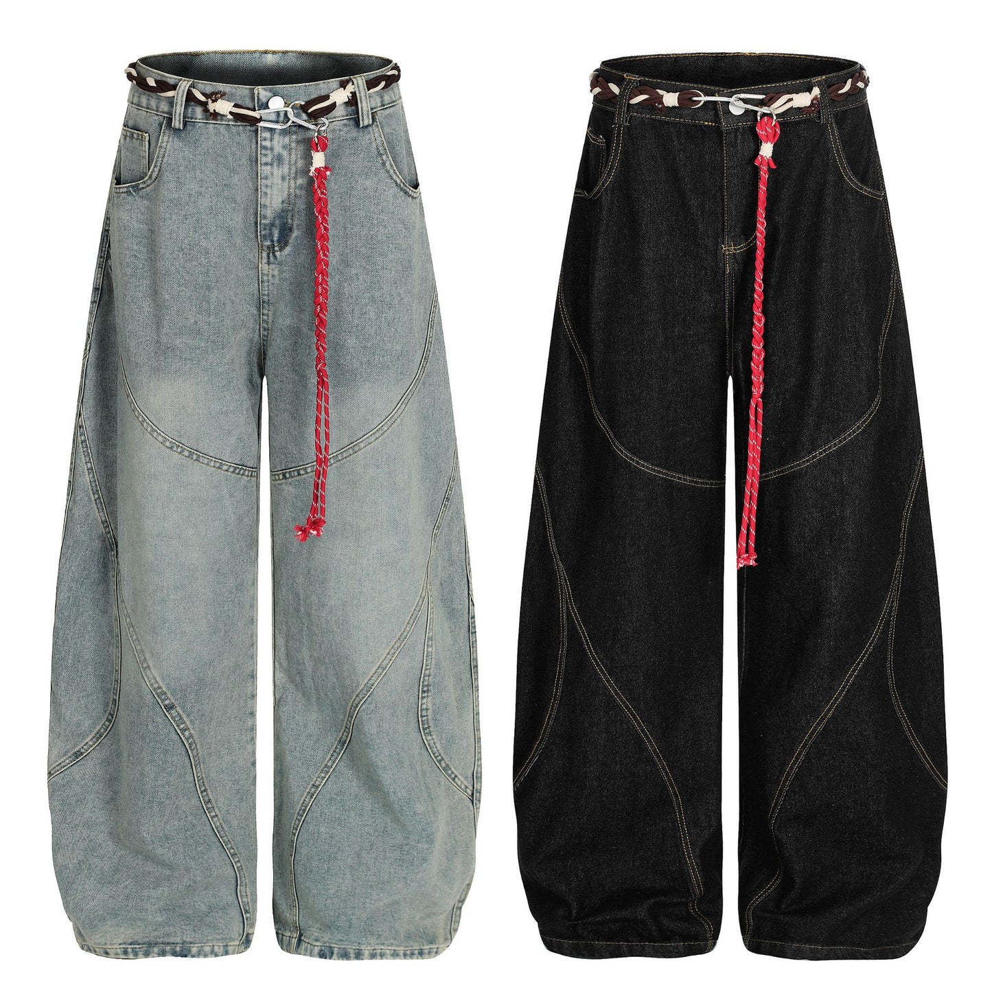 Denim Retro Belt Detail | Patchwork Barrel Jeans