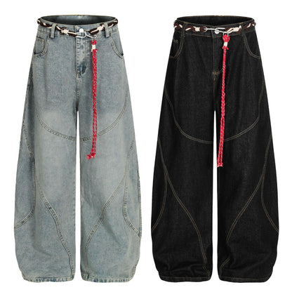 Denim Retro Belt Detail | Patchwork Barrel Jeans