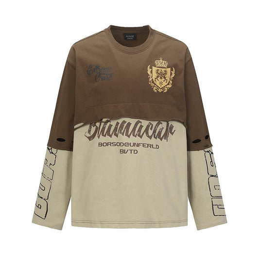 Y2K Grunge Patchwork Top | Distressed Graphic Long Sleeve Shirt - Santo 