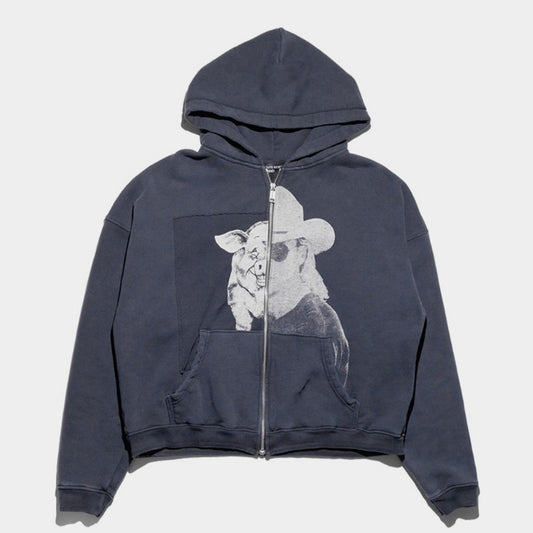 Cowboy Pig Print | Oversized Zip Up Hoodie - Santo 