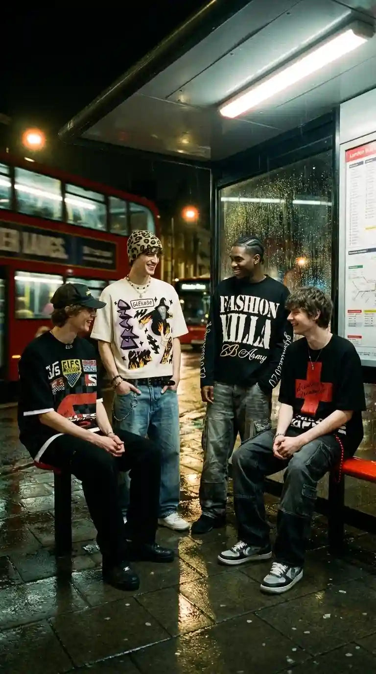 Four people wearing SANTO GLFS graphic tees at a London bus stop at night