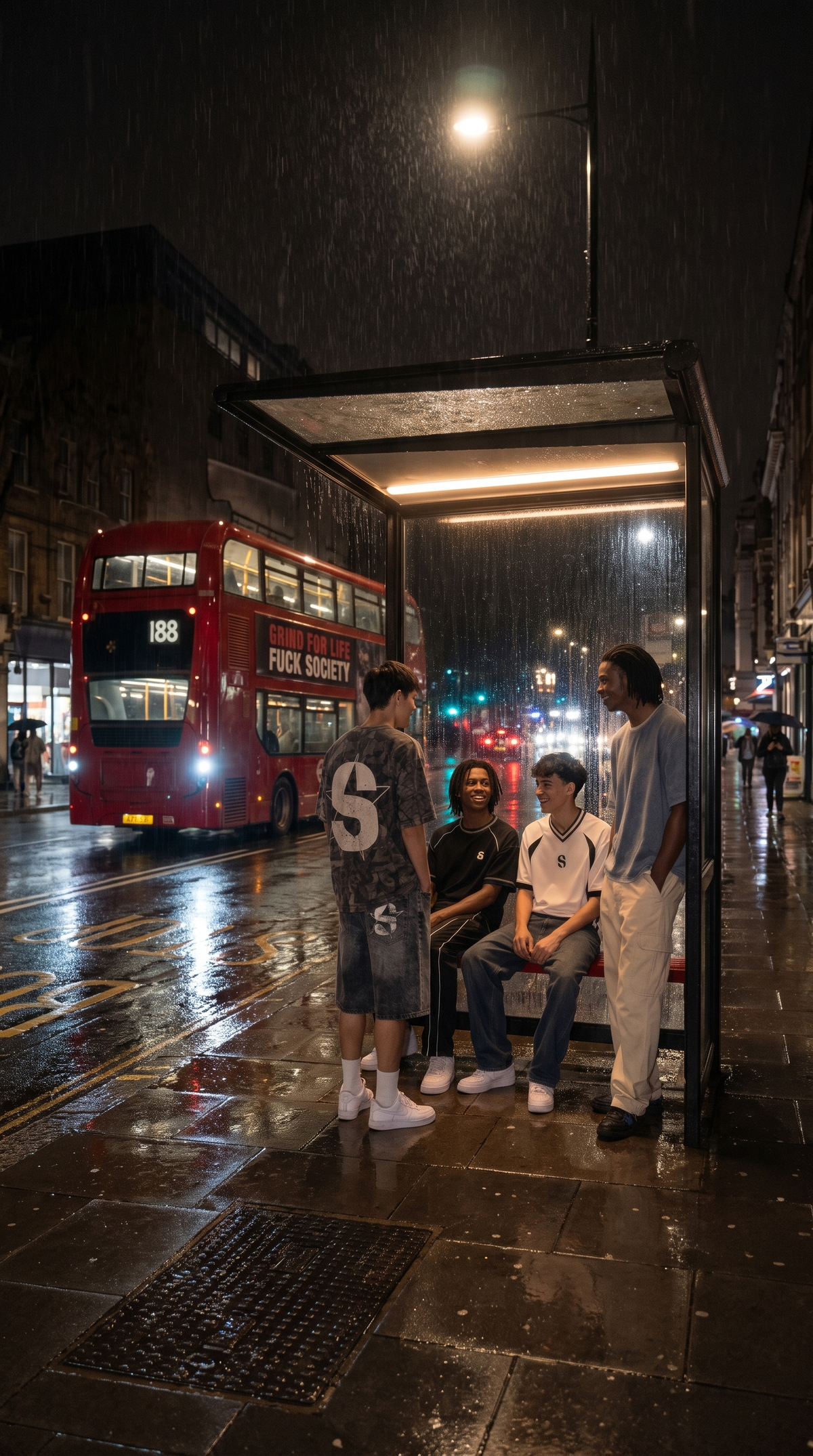 Four people wearing SANTO GLFS graphic tees at a London bus stop at night