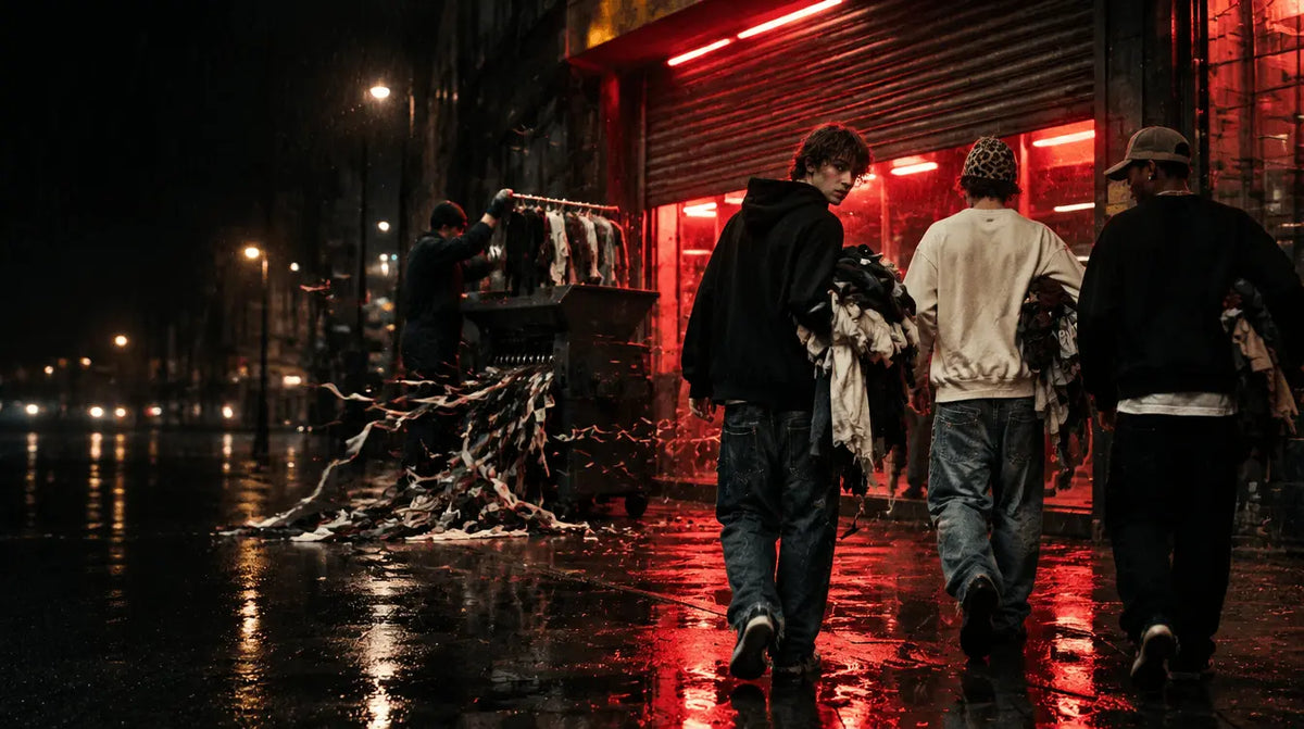 Three friends in SANTO walking away with armfuls of clothes as a rack is fed into a shredder on a rainy London street