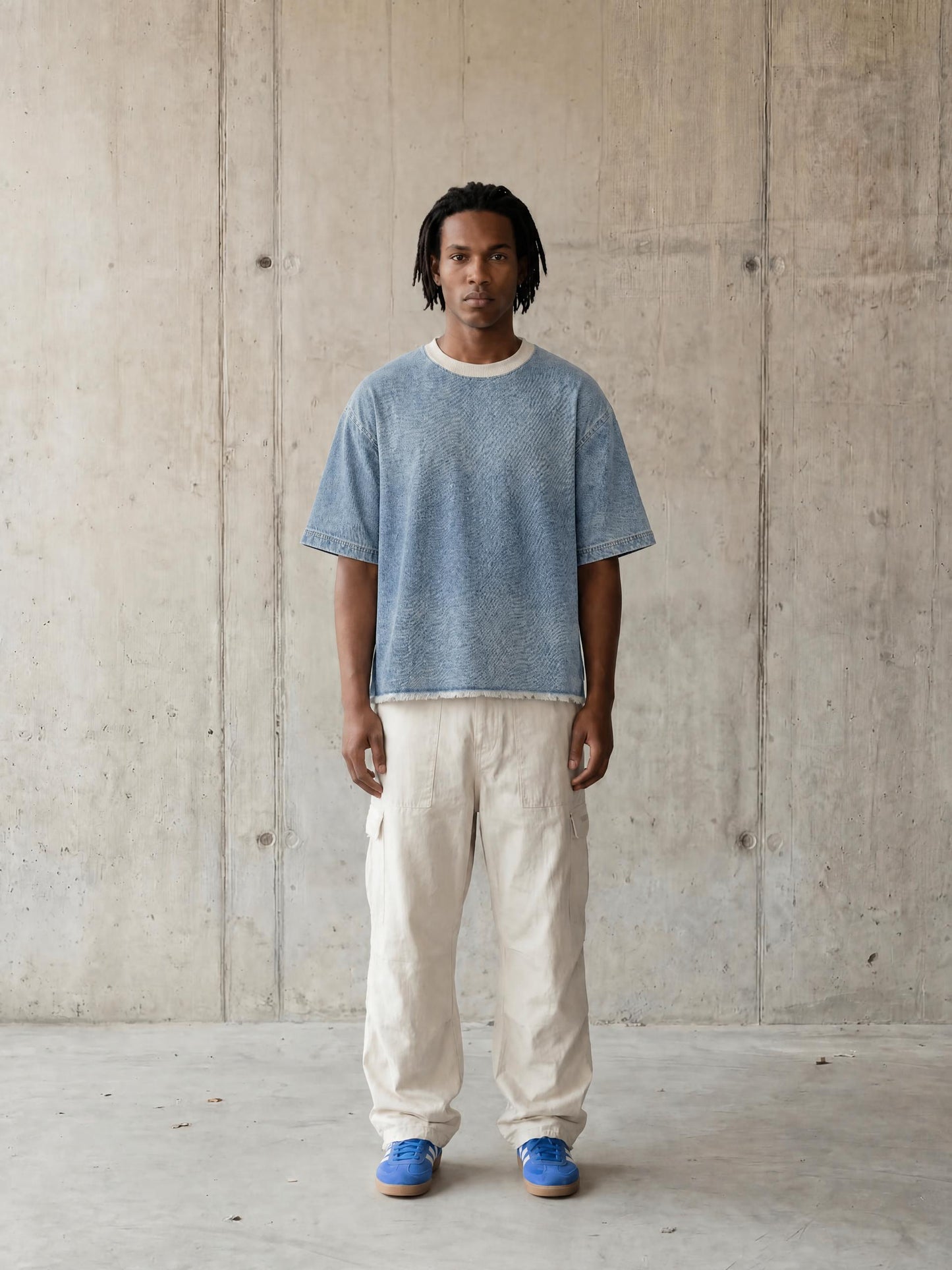 Unisex Vintage Wash Boxy Raw Hem Denim T-Shirt