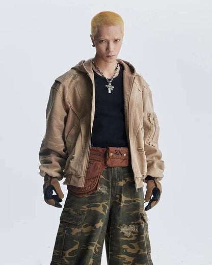 Distressed Washed Streetwear | Retro Patchwork Hoodie - Santo 