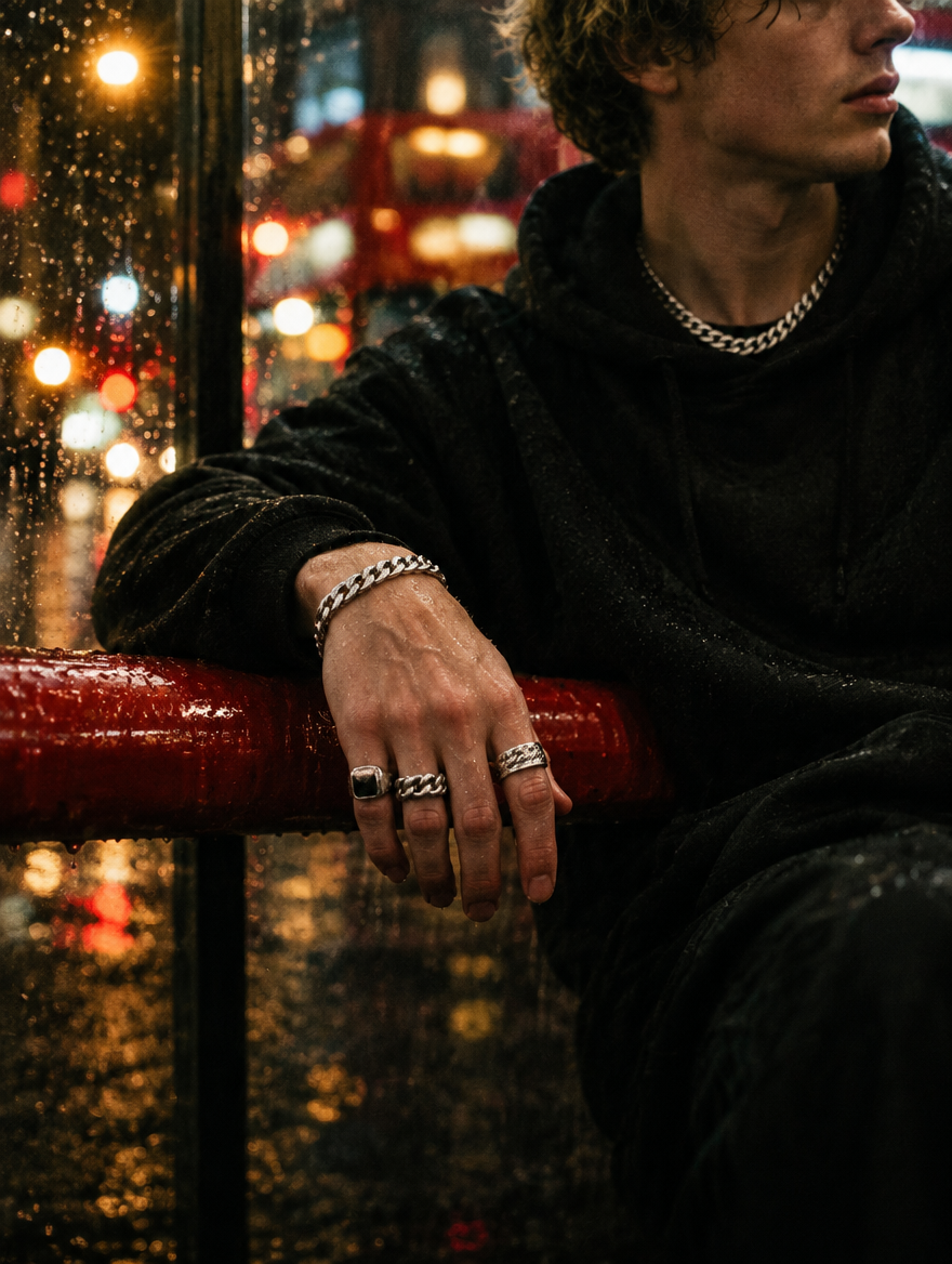 Silver rings, bracelet and chain worn with a black hoodie
