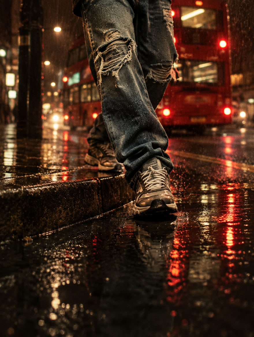 Baggy distressed SANTO jeans on a wet London street at night