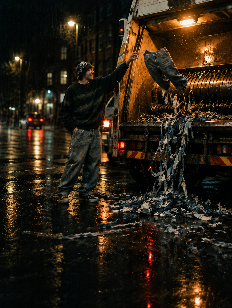 Jeans being tossed into a shredding truck on a rainy London street