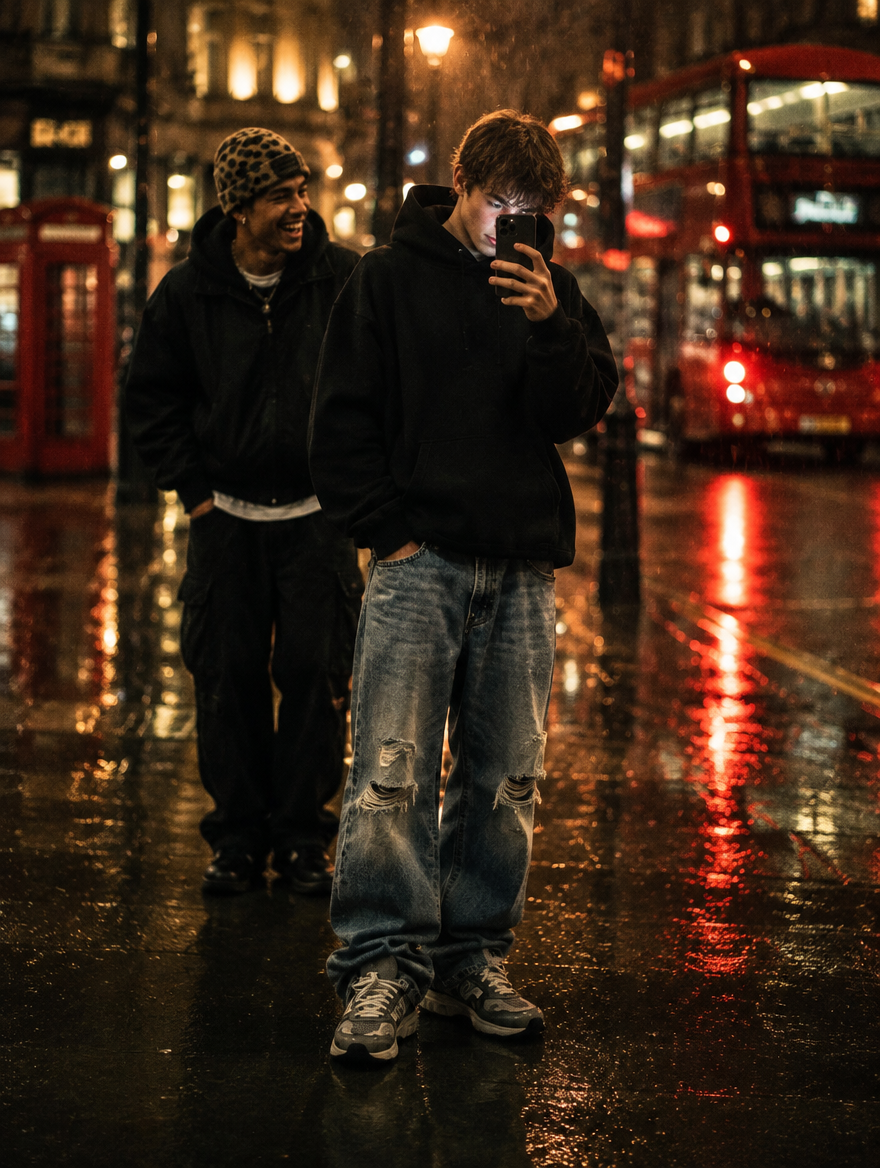 SANTO customer taking a photo of his fit on a rainy London street