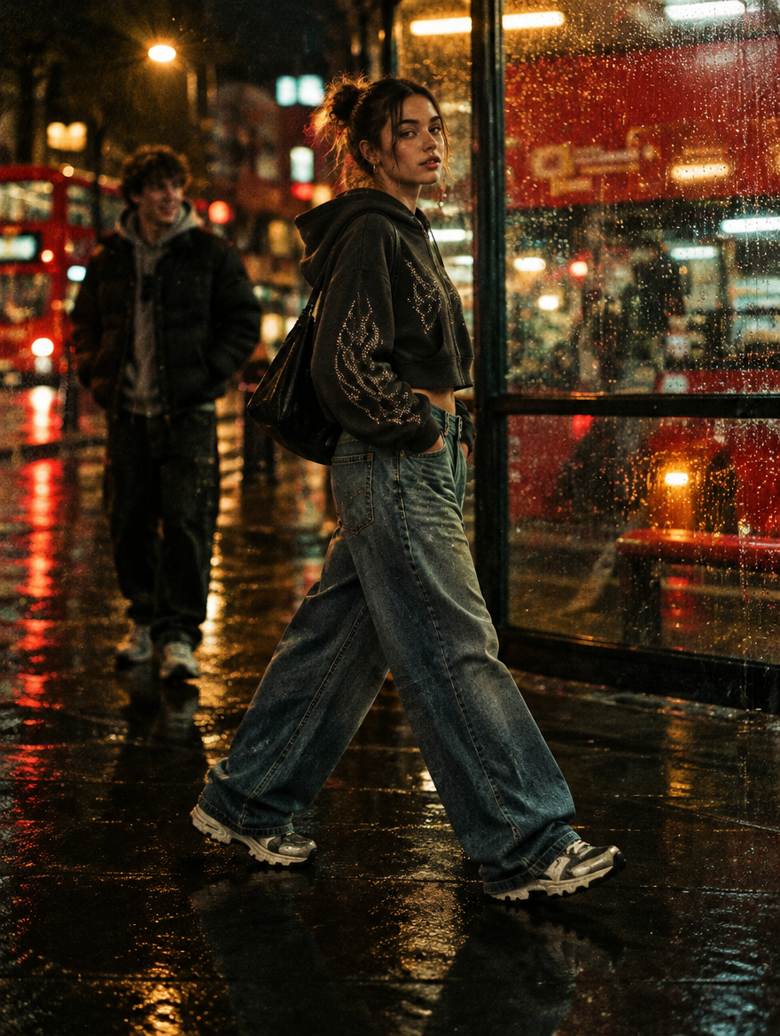 Woman in SANTO streetwear walking past a rainy London shop window