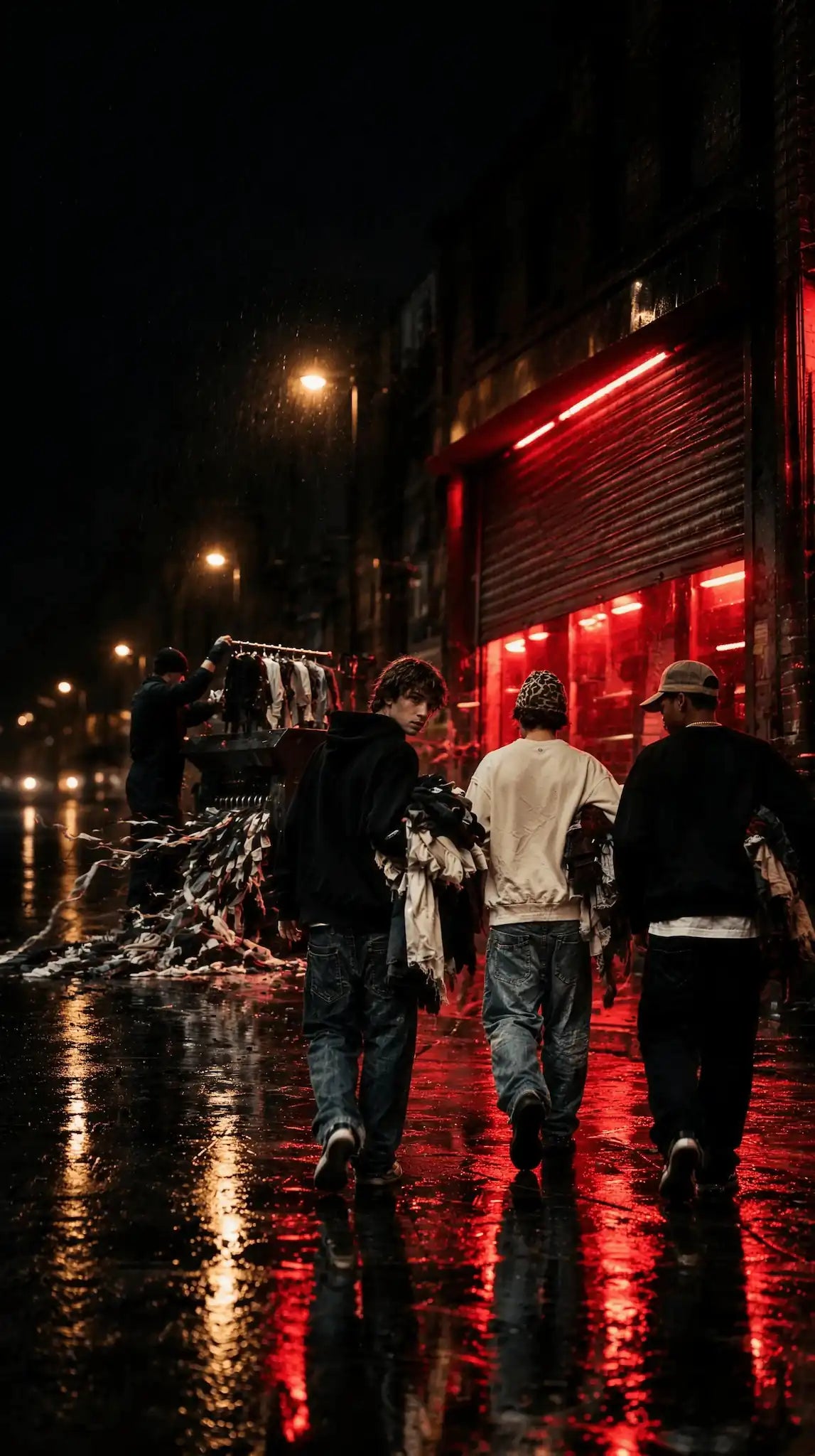 Three friends in SANTO walking away with armfuls of clothes as a rack is fed into a shredder on a rainy London street