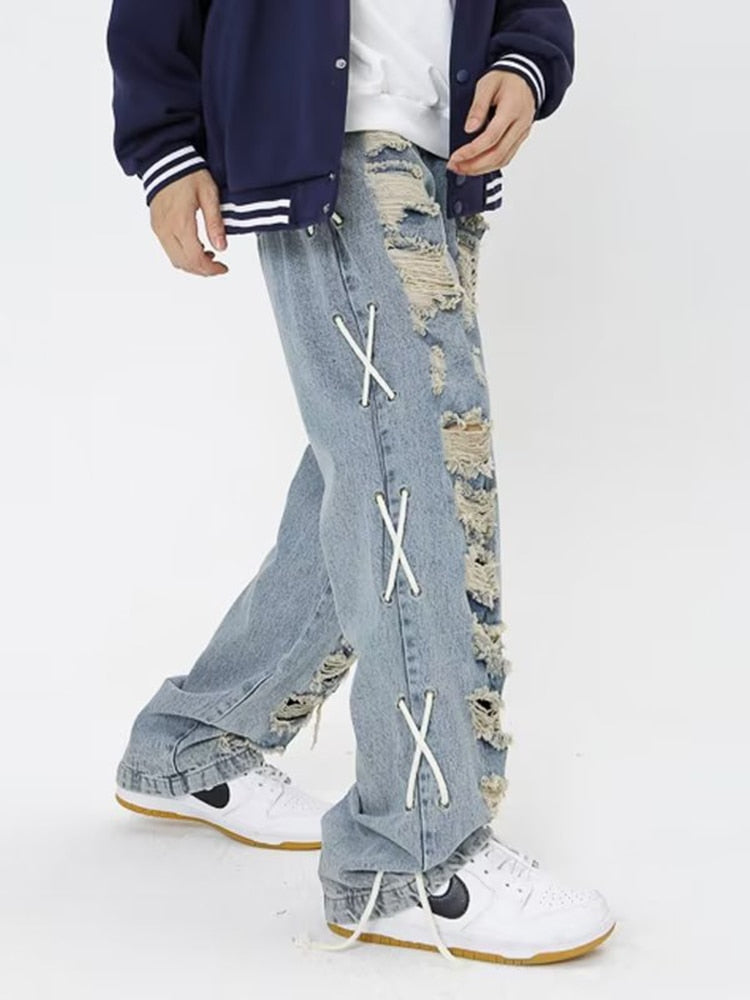 Jeans Retro Hole Streetwear Vintage Side Rope Mens Vintage Street Casual Jeans Men Women Casual Denim Clothing Trousers - Santo 