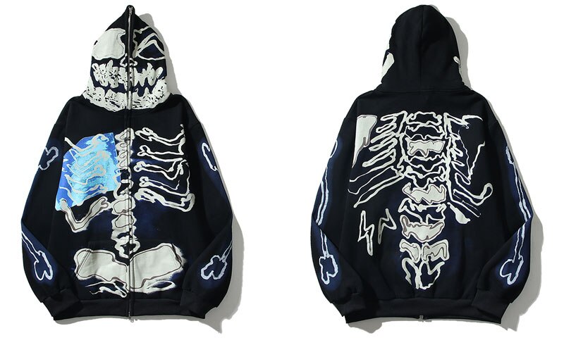 Skull Skeleton Bones Print Hip Hop Hoodie Jacket Men Zip Up Hooded Sweashirts Harajuku Casual Punk Gothic Men Clothes - Santo 