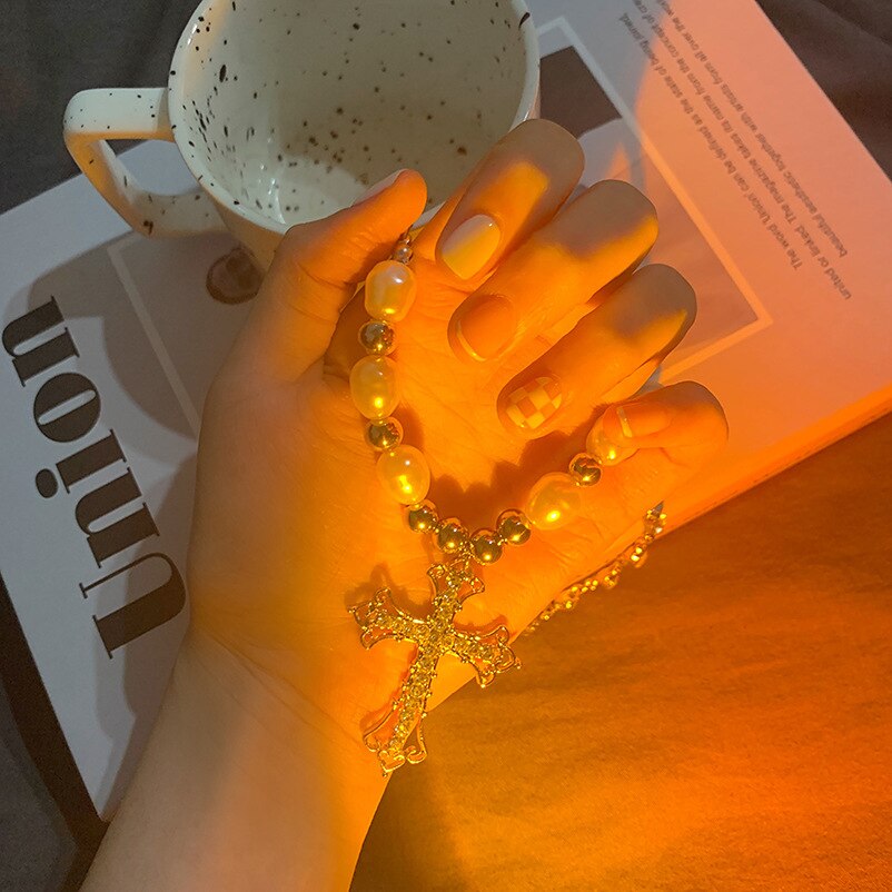 Punk Necklaces Jewelry Woman Man Unisex Pearl Hollow-out Cross Drop Necklace Gothic Fashion Gift Hip Hop Vintage Accessories - Santo 