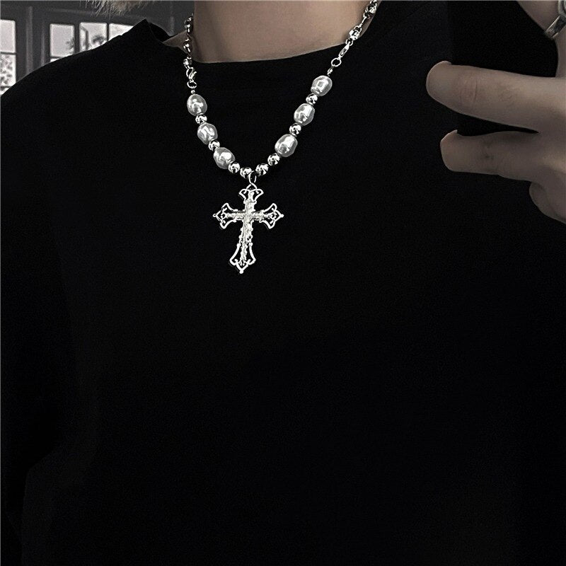 Punk Necklaces Jewelry Woman Man Unisex Pearl Hollow-out Cross Drop Necklace Gothic Fashion Gift Hip Hop Vintage Accessories - Santo 