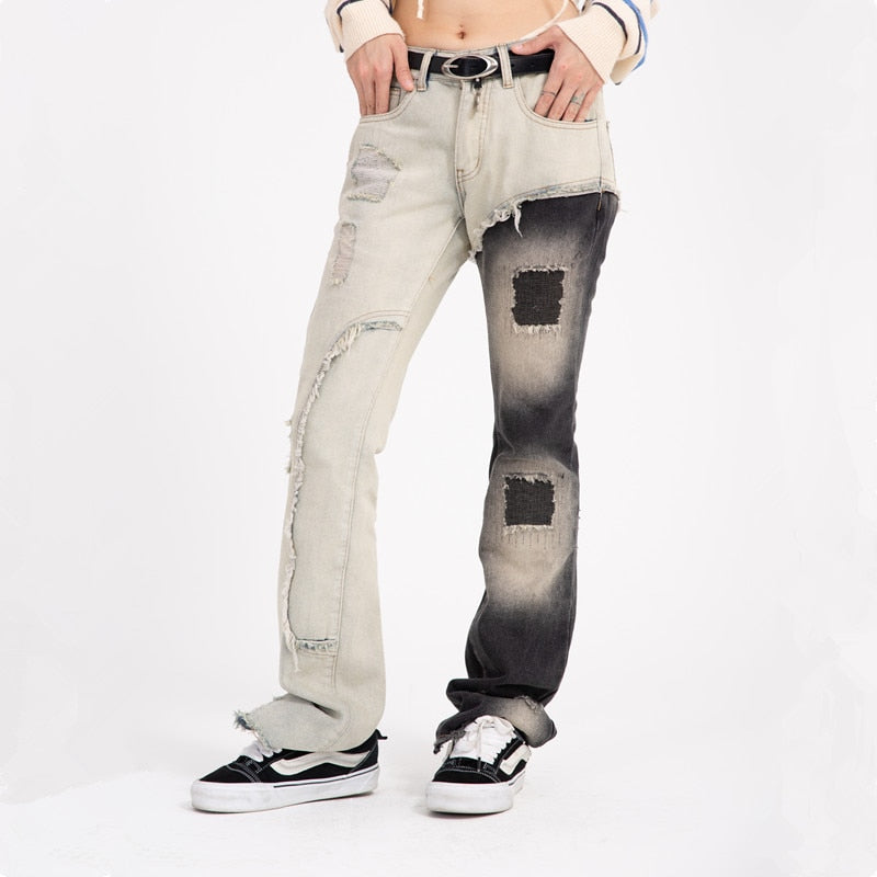 Hot Sale Color Block Patchwork Jeans Men Women Vintage Slim Pants Clothes Streetwear Men Hip Hop Harajuku Long Trousers Unisex - Santo 