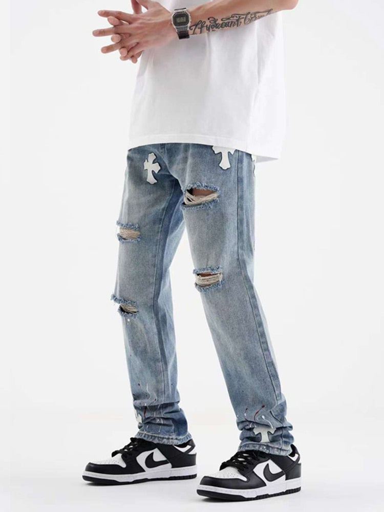 High Street Mens Jeans Straight Casual Loose Cross Hole Washing Trend Oversized Denim Trousers Streetwear Men Clothing - Santo 