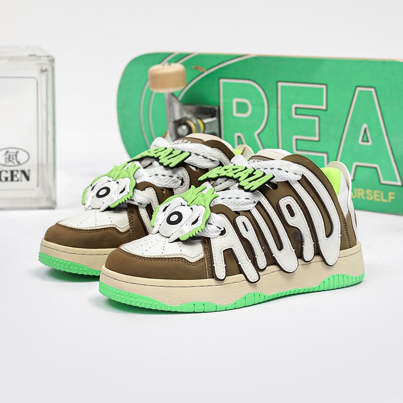 Unisex Retro Casual Sneakers With Unique Alphabetic Pattern And Breathable Comfortable Design In Brown Green And White Colors - Santo 