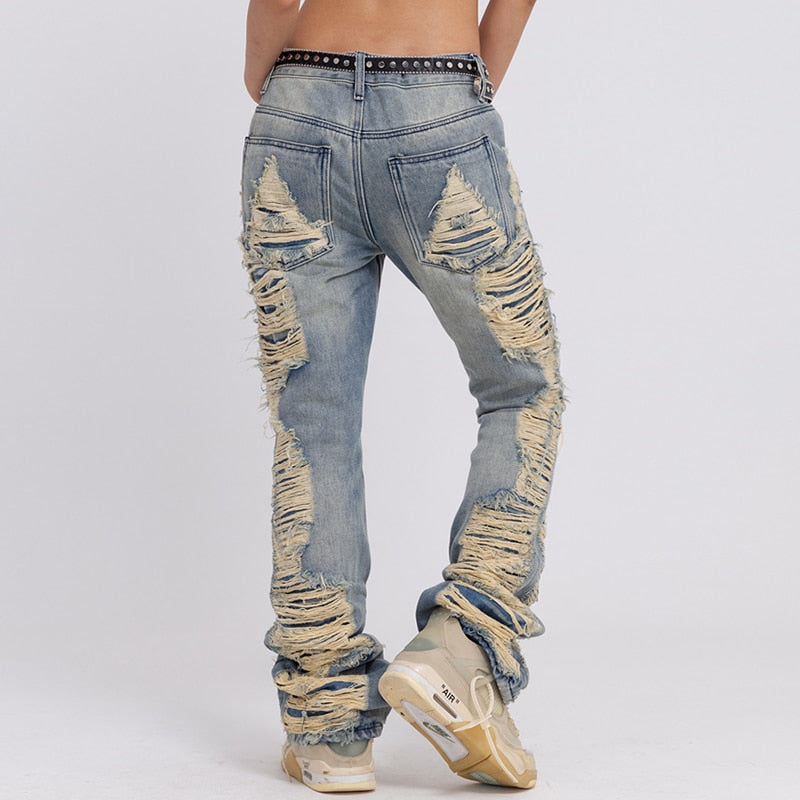 Ripped Frayed Hole Washed Jeans Retro Harajuku Pants for Men Women Pockets Streetwear Casual Baggy Denim Trousers Vintage - Santo 