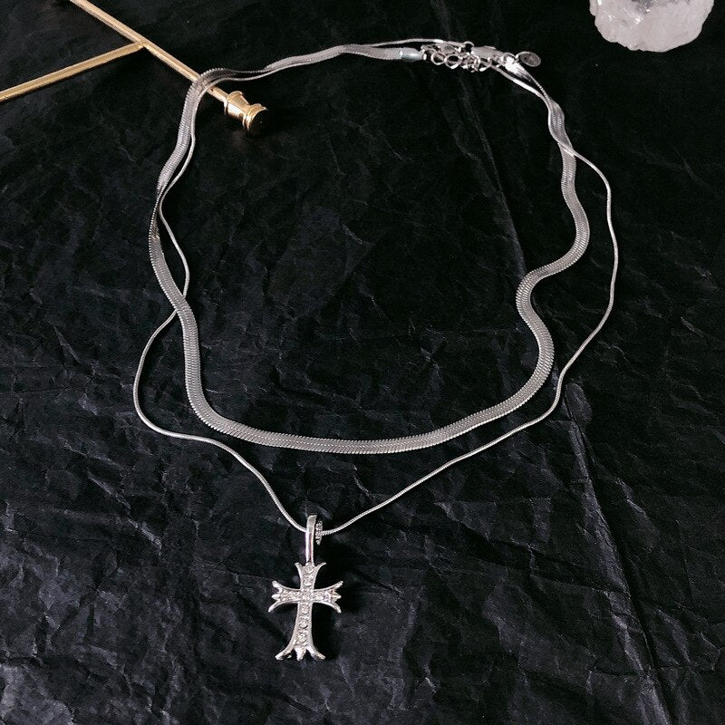Hip Hop Vintage Accessories  Unisex Double-deck Cross Drop Necklace Punk Necklaces Jewelry Woman Man Gothic - Santo 