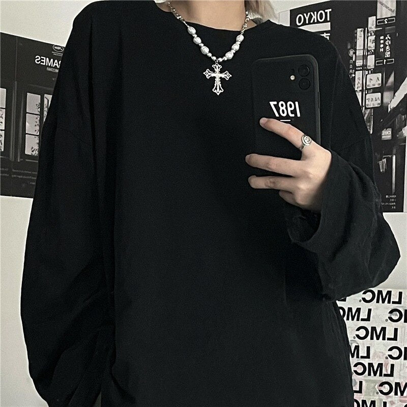 Punk Necklaces Jewelry Woman Man Unisex Pearl Hollow-out Cross Drop Necklace Gothic Fashion Gift Hip Hop Vintage Accessories - Santo 