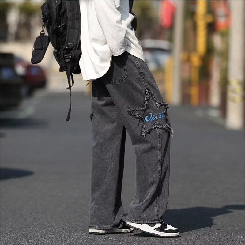 Streetwear Star Embroidered Jeans Men's Vintage Washed Trousers Patch Loose Casual Loose Straight Dark Pants Men Women - Santo 
