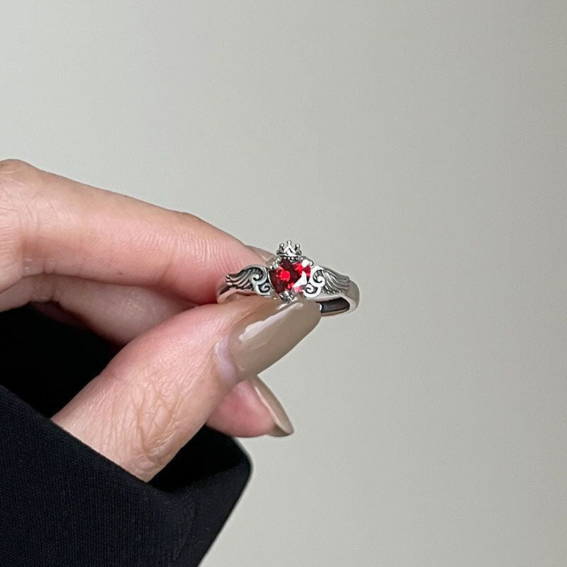 Vintage Hip Hop Ring Accessories Unisex Crown Red Love Wings Ring Woman Man Punk Jewelry Gothic Fashion Party Gifts - Santo 