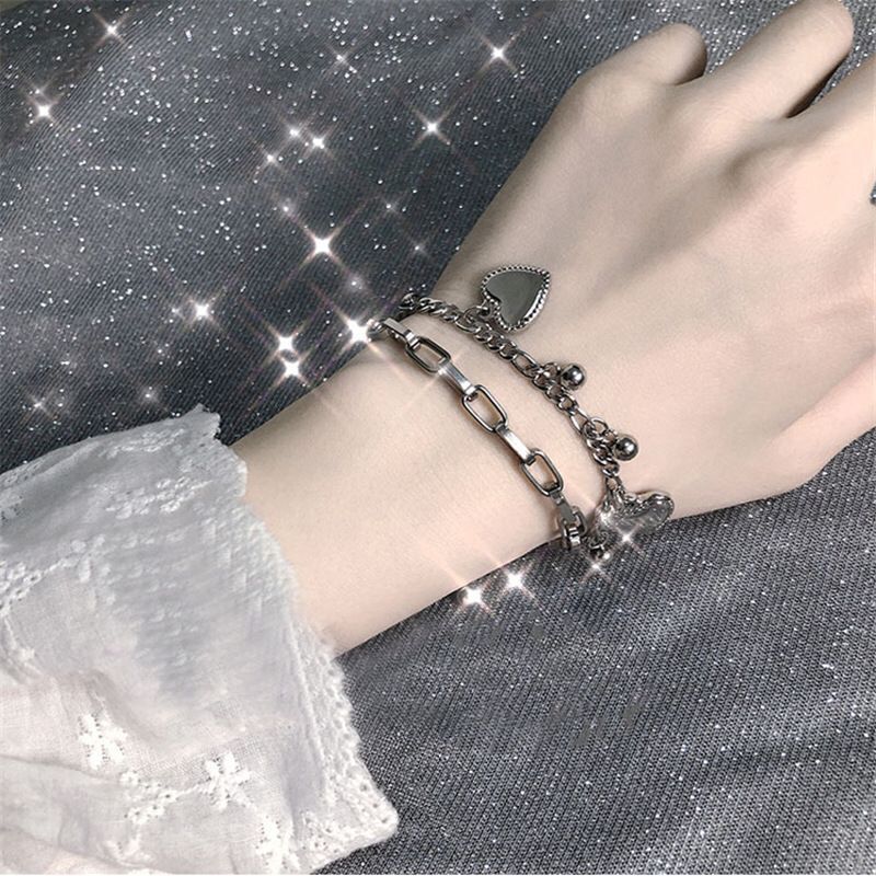 Hip Hop Fashion Accessories Unisex Love Double Layer Chain Bracelet Vintage Gothic Woman Man Punk Jewelry - Santo 