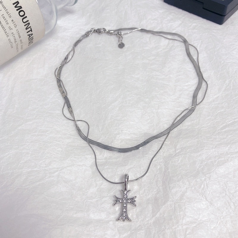 Hip Hop Vintage Accessories  Unisex Double-deck Cross Drop Necklace Punk Necklaces Jewelry Woman Man Gothic - Santo 