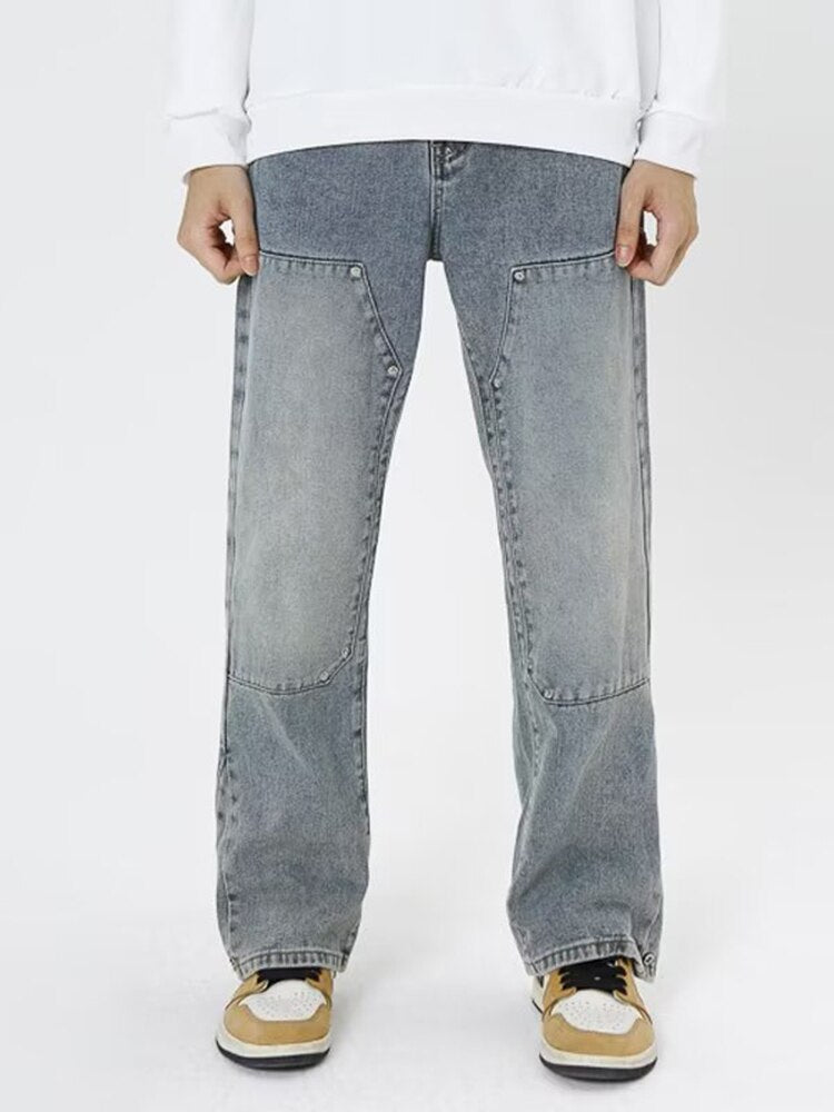 Vintage Jeans Men Women Washed Spliced Denim Pants Men High Street Multi-Pocket Straight-leg Casual Jeans Mens Trousers - Santo 