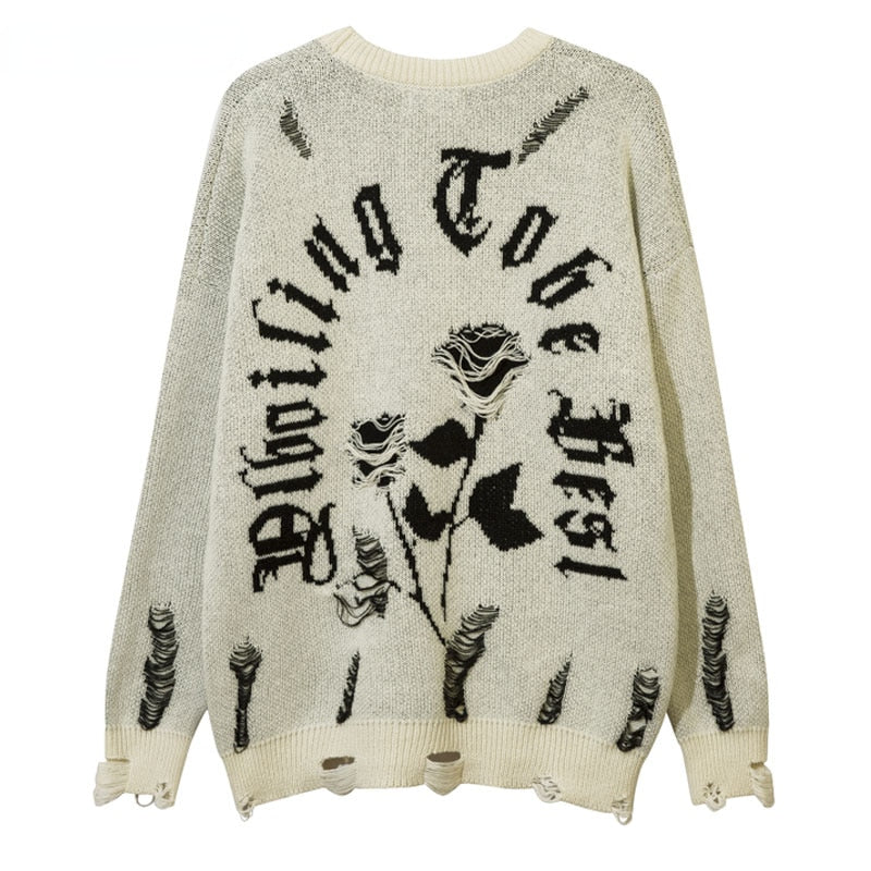 Mens Vintage Sweater Ripped Hole Rose Jumpers Hip Hop Casual Knitted Flower Punk Gothic Letters Loose Streetwear Pullover - Santo 