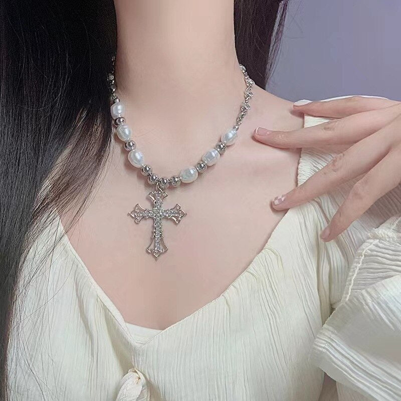 Punk Necklaces Jewelry Woman Man Unisex Pearl Hollow-out Cross Drop Necklace Gothic Fashion Gift Hip Hop Vintage Accessories - Santo 