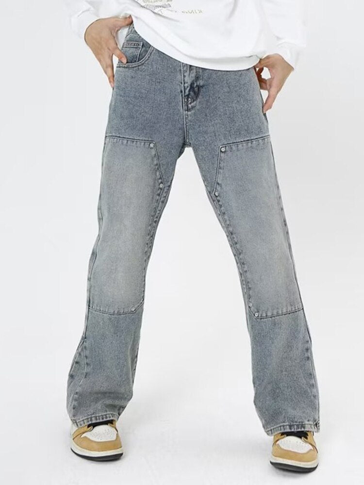 Vintage Jeans Men Women Washed Spliced Denim Pants Men High Street Multi-Pocket Straight-leg Casual Jeans Mens Trousers - Santo 