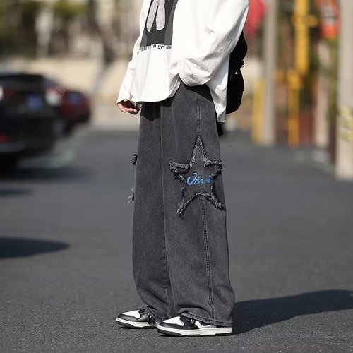 Streetwear Star Embroidered Jeans Men's Vintage Washed Trousers Patch Loose Casual Loose Straight Dark Pants Men Women - Santo 